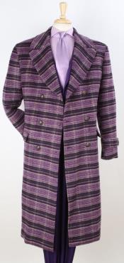  Mens Full Length Top Coat - Wide Fashion Lapel - Purple Windowpane