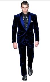  Mens High Fashion Royal Blue Shawl Lapel Velvet Suit + Velvet Pants