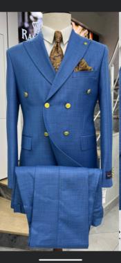  Mens Double Breasted Suits Gold Buttons - 100% Wool Indigo - Sapphire Suit - Double Breasted Blazer