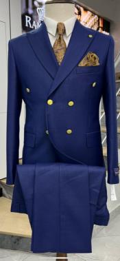 Mens Double Breasted Suits Gold Buttons - 100% Wool Royal Blue Suit