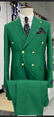  Mens Double Breasted Suits Gold Buttons - 100% Wool Emerald Green Suit - Double Breasted Blazer