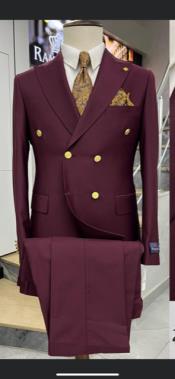  Mens Double Breasted Suits Gold Buttons - 100% Wool Burgundy Suit - Double Breasted Blazer