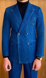  Denim Suit - Jean Blue Mens Suit - Double Breasted Suit - Slim Fitted