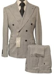  Houndstooth Double Breasted Suit - Wool Fabric Black and White Patterned Checkered