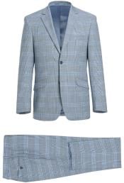  Mens 2-Piece Slim Fit Notch Lapel Stretch Windowpane Suit Light Blue