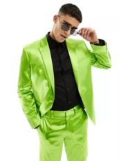  Neon Green Prom Wedding Suit  - Mens Metallic Flashy Fabric Lime Green Suit