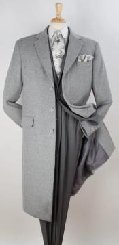  Mens 100% Wool Full Length Length Top Coat - Hidden Button Light Grey