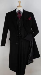 Mens 100% Wool Full Length Length Top Coat - Hidden Button Black Windowpane