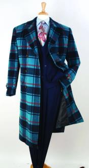  Mens Full Length Top Coat - Wide Fashion Lapel Blue Windowpane