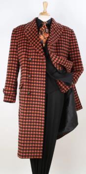 Mens Full Length Top Coat - Wide Fashion Lapel Rust Houndstooth