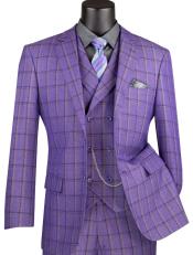 Vinci Mens Windowpane 3-Piece Suit Modern Fit - Purple