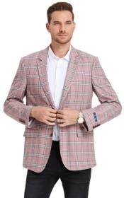  Mens Two Button Business Casul Double Windowpane Sport Coat in Rose Pink