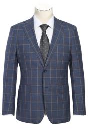  Mens Two Button Slim Fit Windowpane Plaid Suit in Blue