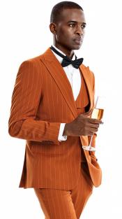  Mens One Button Peak Label Skinny Fit Suit in Orange Rust