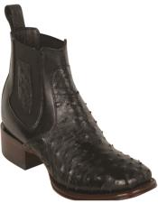 Mens Short Black Ostrich Leather Boots Square Toe