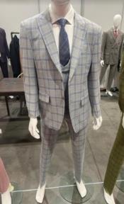  Peak Lapel Suit - Plaid Suit - Windowpane Pattern Color Suit - Gray With Blue Pattern