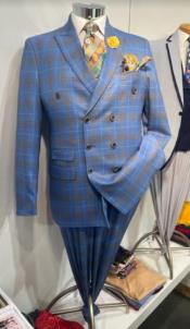  Peak Lapel Suit - Plaid Suit - Windowpane Pattern Color Suit - Steel Blue and Brown Pattern