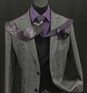  Charcoal Grey Windowpane Suit With Double Breasted Vest - Super 150s Wool Suit