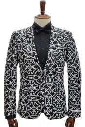  Mens 1 Button Slim Fit Peak Lapel Sequin Suit Black and white