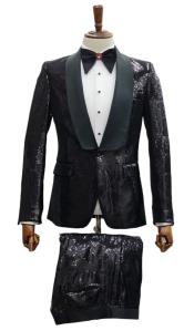  Mens 2 Button Slim Fit Shawl Lapel Sequin Suit Black