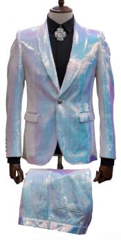  Mens 2 Button Slim Fit Shawl Lapel Sequin Suit White ~ Blue