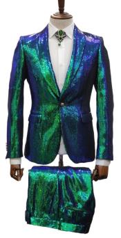  Mens 2 Button Slim Fit Shawl Lapel Sequin Suit Green ~ Blue