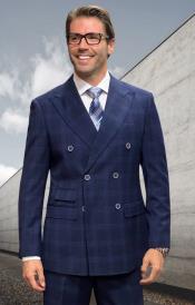  Double Breasted Suit - "Wool" Plaid Windowpane Suit - Statement Designer Suit Navy - 100% Percent Wool Fabric