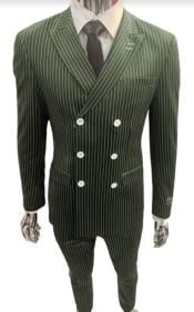  Mens Gangster Suit - 1920s Style 6 Buttons Style Contrast Buttons Pinstripe Suit Olive Green