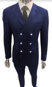  Mens Gangster Suit - 1920s Style 6 Buttons Style Contrast Buttons Pinstripe Suit Dark Blue