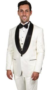  Mens One Button Shawl Lapel Matching Pants and Vest Tuxedo in Ivory