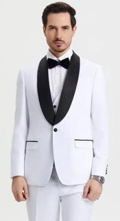  Mens One Button Shawl Lapel Matching Pants and Vest Tuxedo in White