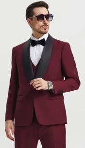  Mens One Button Shawl Lapel Matching Pants and Vest Tuxedo in Burgundy