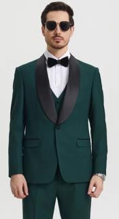  Mens One Button Shawl Lapel Matching Pants and Vest Tuxedo in Hunter Green
