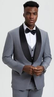  Mens One Button Shawl Lapel Tuxedo in Matching Pants and Vest Grey