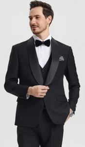  Mens One Button Shawl Lapel Tuxedo in Matching Pants and Vest Black