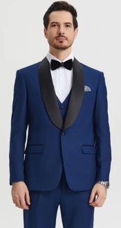  Mens One Button Shawl Lapel Matching Pants and Vest Tuxedo in Indigo Blue