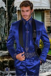  Sateen Fabric Suit - Shiny Tuxedo - Prom Suit - Groom Tuxedos - Indigo Blue