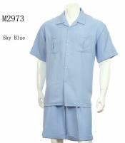  Mens 2-piece Spring - Summer Casual Short Sleeve Shirt Set - Walking Suit - Blue
