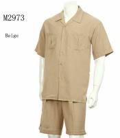  Mens 2-piece Spring - Summer Casual Short Sleeve Shirt Set - Walking Suit - Beige
