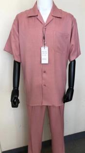 New Mens 2pc Walking Suit Short Sleeve Casual Shirt and Pants Set - Salmon Pink
