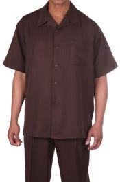  New Mens 2pc Walking Suit Short Sleeve Casual Shirt and Pants Set - Brown