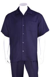  New Mens 2pc Walking Suit Short Sleeve Casual Shirt and Pants Set - Navy