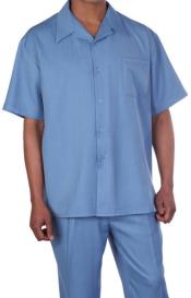  New Mens 2pc Walking Suit Short Sleeve Casual Shirt and Pants Set - Blue