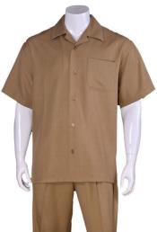 New Mens 2pc Walking Suit Short Sleeve Casual Shirt and Pants Set - Tan