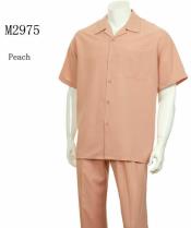 New Mens 2pc Walking Suit Short Sleeve Casual Shirt and Pants Set - M2975 Peach