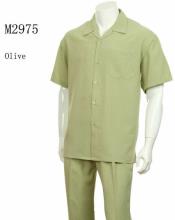  New Mens 2pc Walking Suit Short Sleeve Casual Shirt and Pants Set - M2975 LOlive