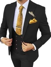 Vested Suits - Peak Lapel Suit - 1 Button Style Suits With Gold Buttons 100% Wool Side Vented - Black and Gold