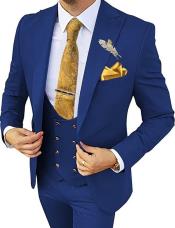 Vested Suits - Peak Lapel Suit - 1 Button Style Suits With Gold Buttons 100% Wool Side Vented - Navy and Gold