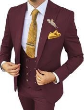 Vested Suits - Peak Lapel Suit - 1 Button Style Suits With Gold Buttons 100% Wool Side Vented - Burgundy And Gold