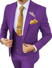 Vested Suits - Peak Lapel Suit - 1 Button Style Suits With Gold Buttons 100% Wool Side Vented - Purple and Gold